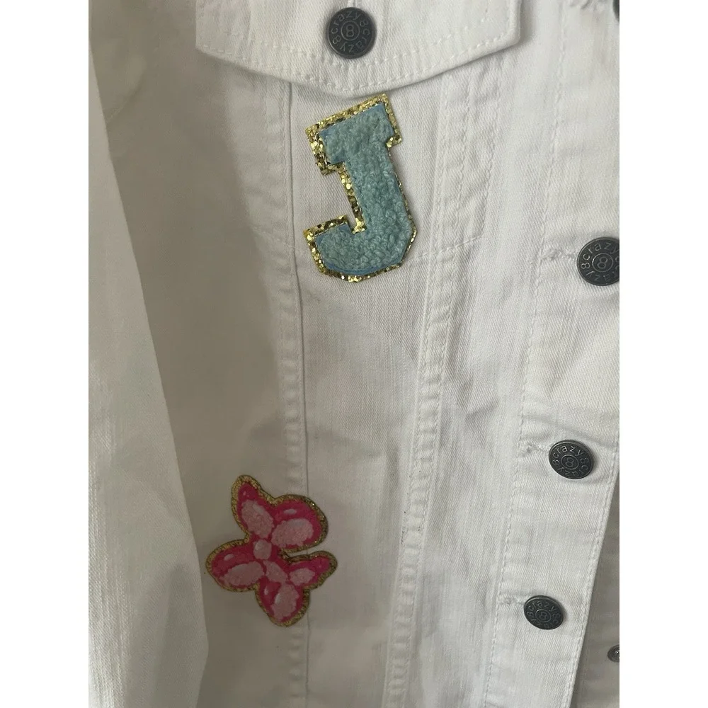 Crazy 8 Girls XL14-16 White Denim Jacket Sunflower Rainbow Butterfly Patch Jean